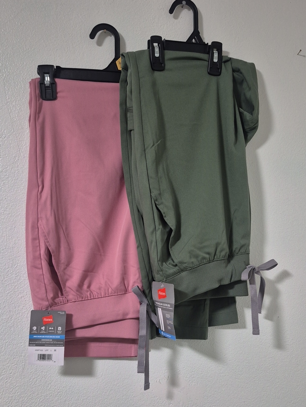 2 Pair Women's Hanes Premium Scrubs Drawstring Pants in Pink and Olive Green